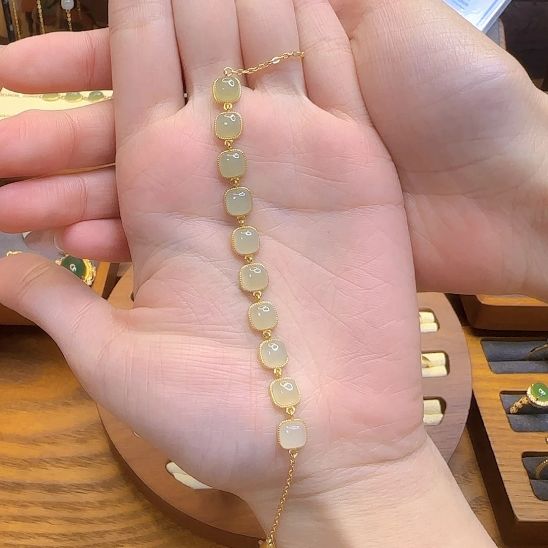 和田玉（青玉）手链银S925镀金镶嵌多样性发货