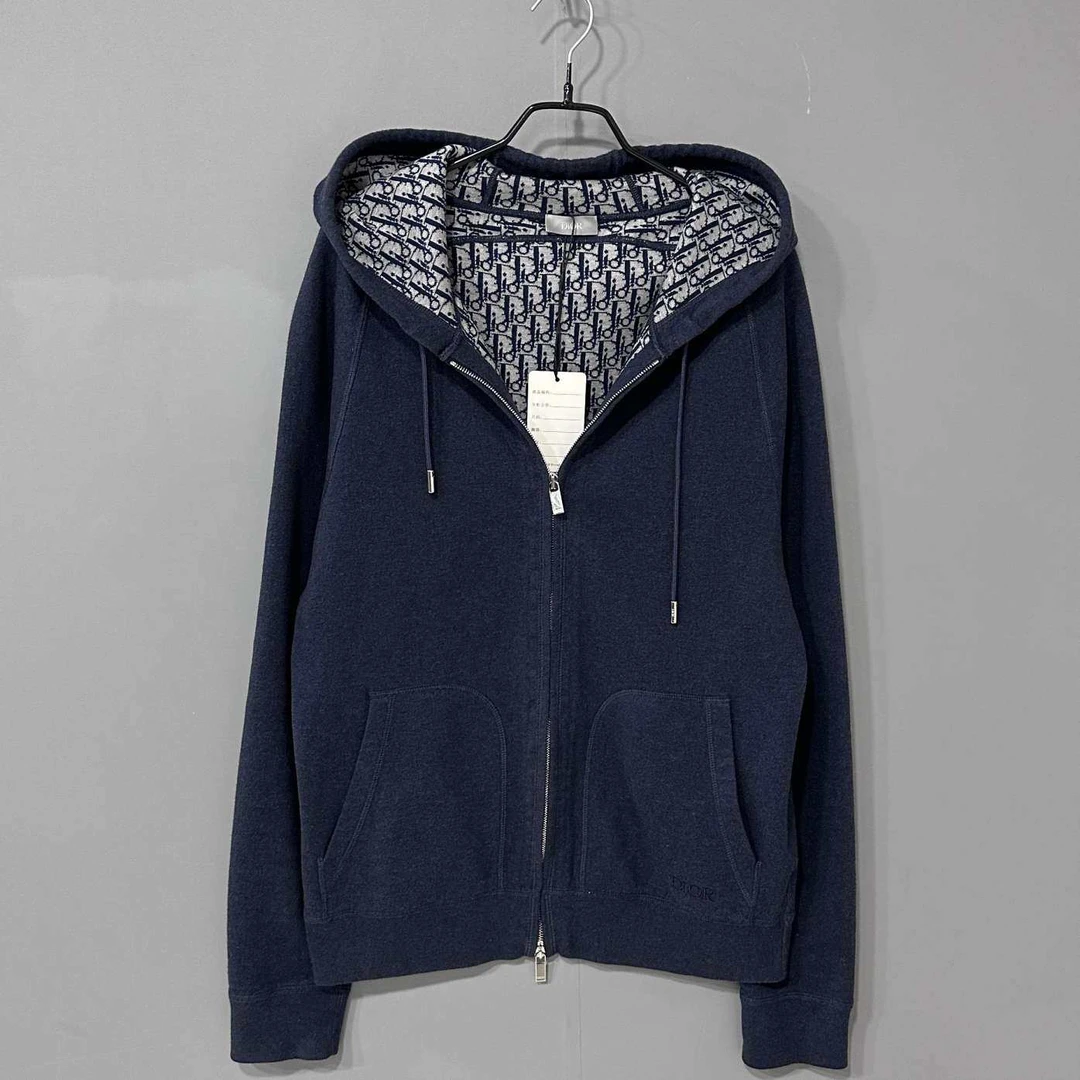 99新 DIOR/迪奥 深蓝色内里满印拉链帽衫/L码/16560