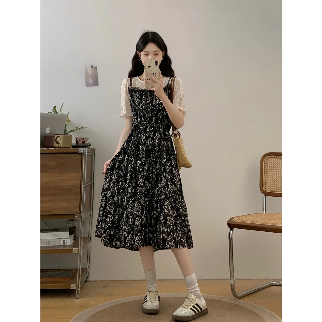 2025年夏季新款大码女装气质收腰拼接碎花短袖假两件连衣裙女