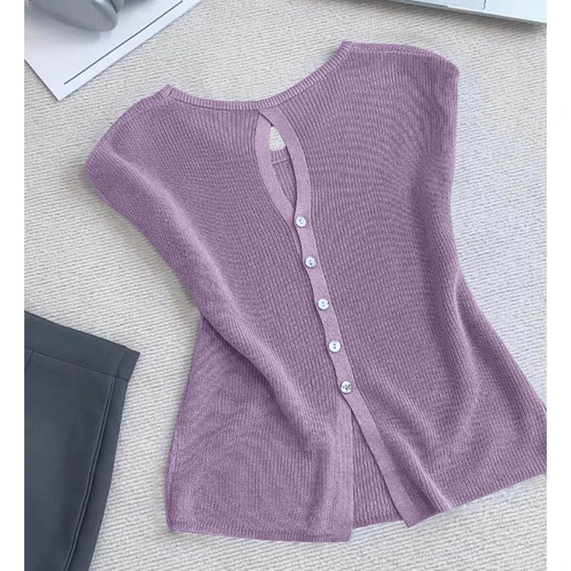 超好看紫色冰丝针织短袖T恤女2025夏季设计感露背镂空防晒上衣薄