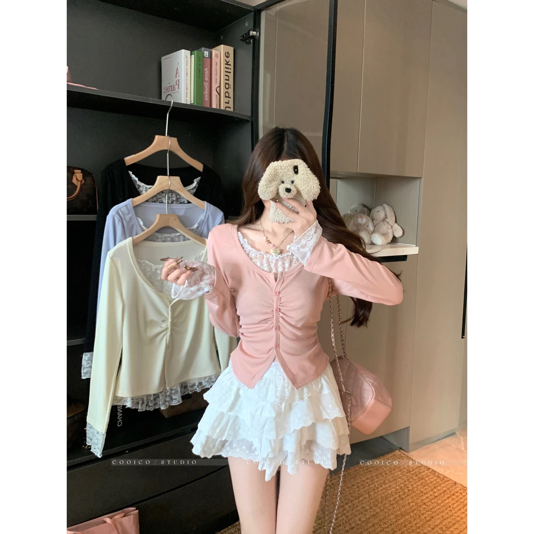 大码2025秋季胖MM韩系穿搭蕾丝拼接假两件内搭打底衫T恤女