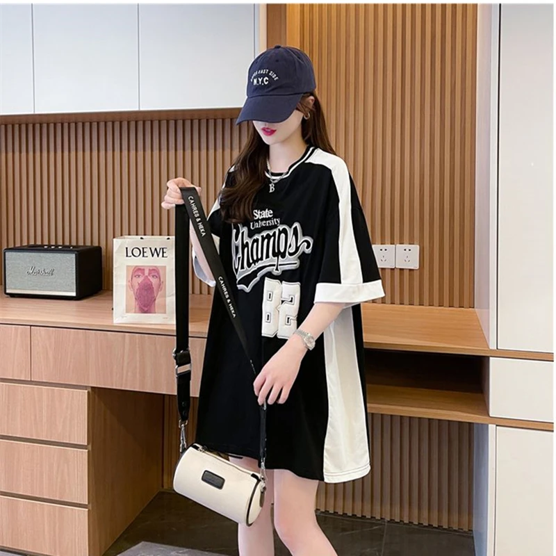 遮屁股芭比鲨鱼裤专用上衣美式大版短袖T恤女中长新爆款洋气体恤