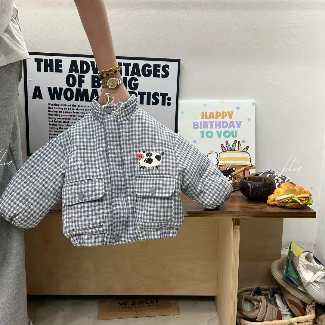 儿童棉服男童冬季加绒加厚保暖外套格子宽松女童韩版百搭棉服外套