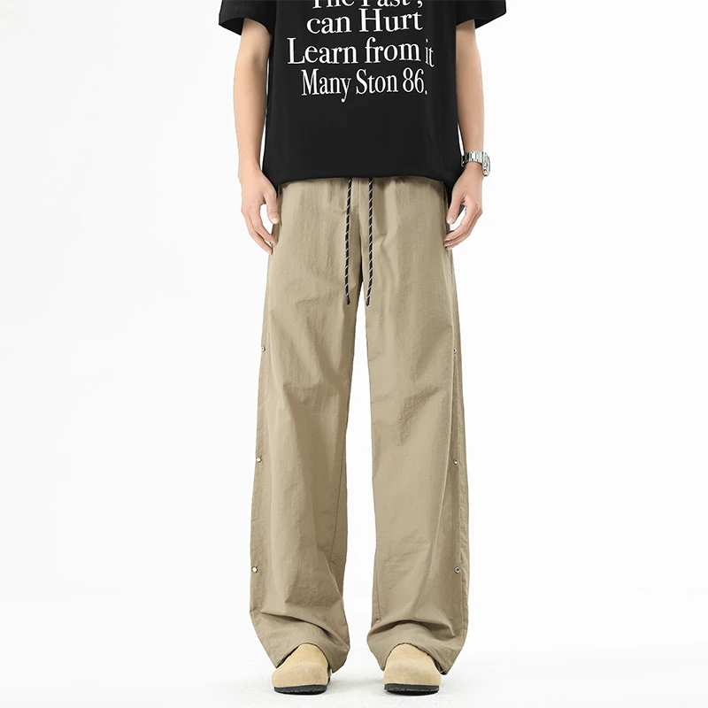 夏季美式休闲阔腿长裤小众设计排扣裤男款直筒宽松休闲潮流阔腿裤