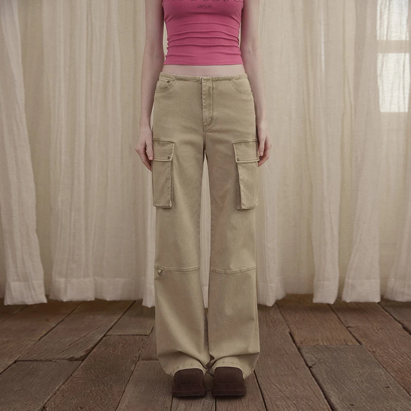 wooha 吾哈2025春季新款休闲裤女美式甜酷直筒工装裤