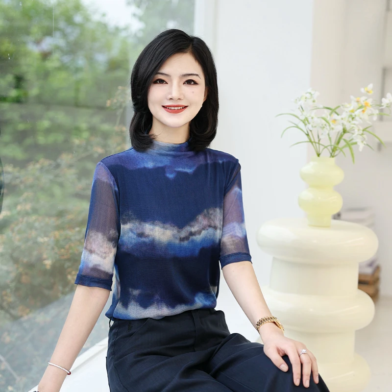 阿楠anan山河图100针织桑蚕丝半高领弹力网纱小衫夏薄款真丝上衣