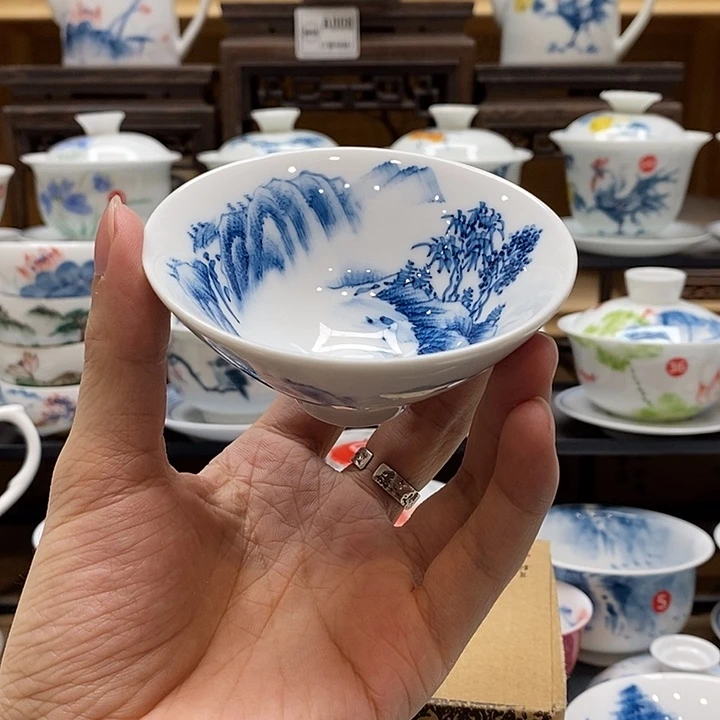 手绘树景山水斗笠杯85cc釉下彩微瑕福利款