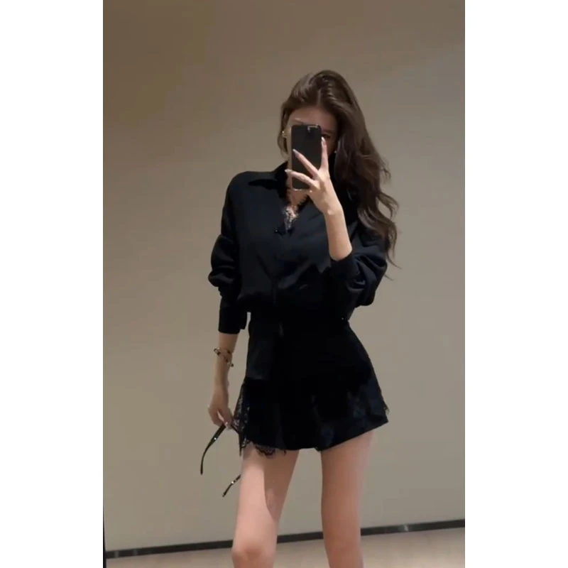 韩系休闲百搭时尚设计感小众黑色衬衫上衣高腰显瘦蕾丝半身裙短裙