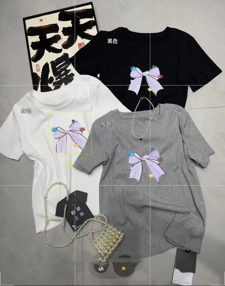 【肉总】新款工艺蝴蝶彩色花朵短袖上衣8667