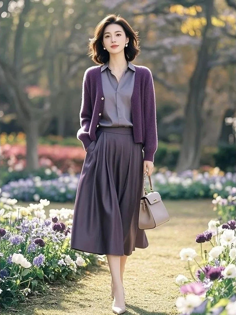 时尚休闲穿搭一整套女2025春季新款绝美紫色开衫百搭针织法式