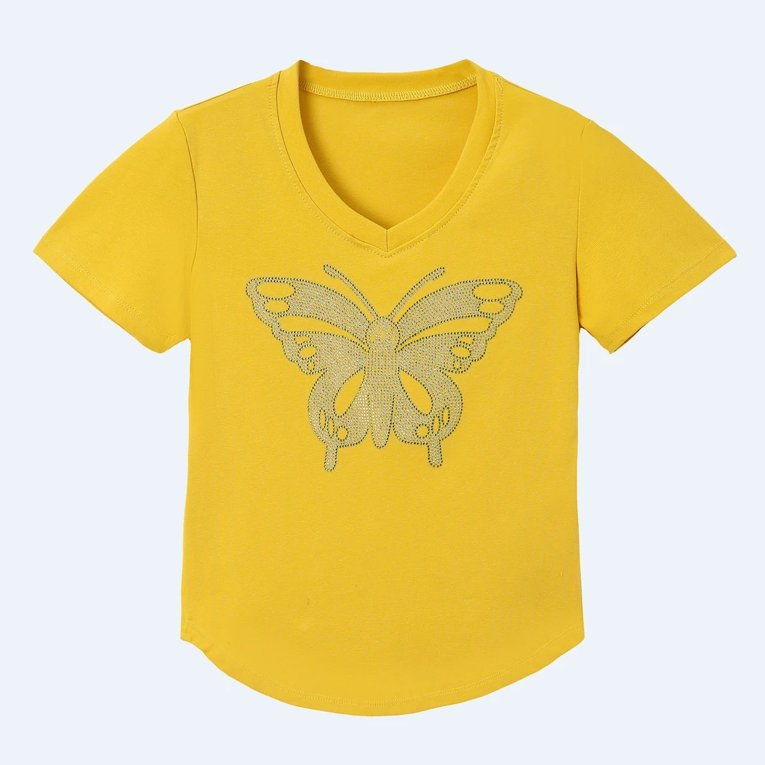 夏季新款女士V领时尚蝴蝶钻百搭潮流短袖T恤