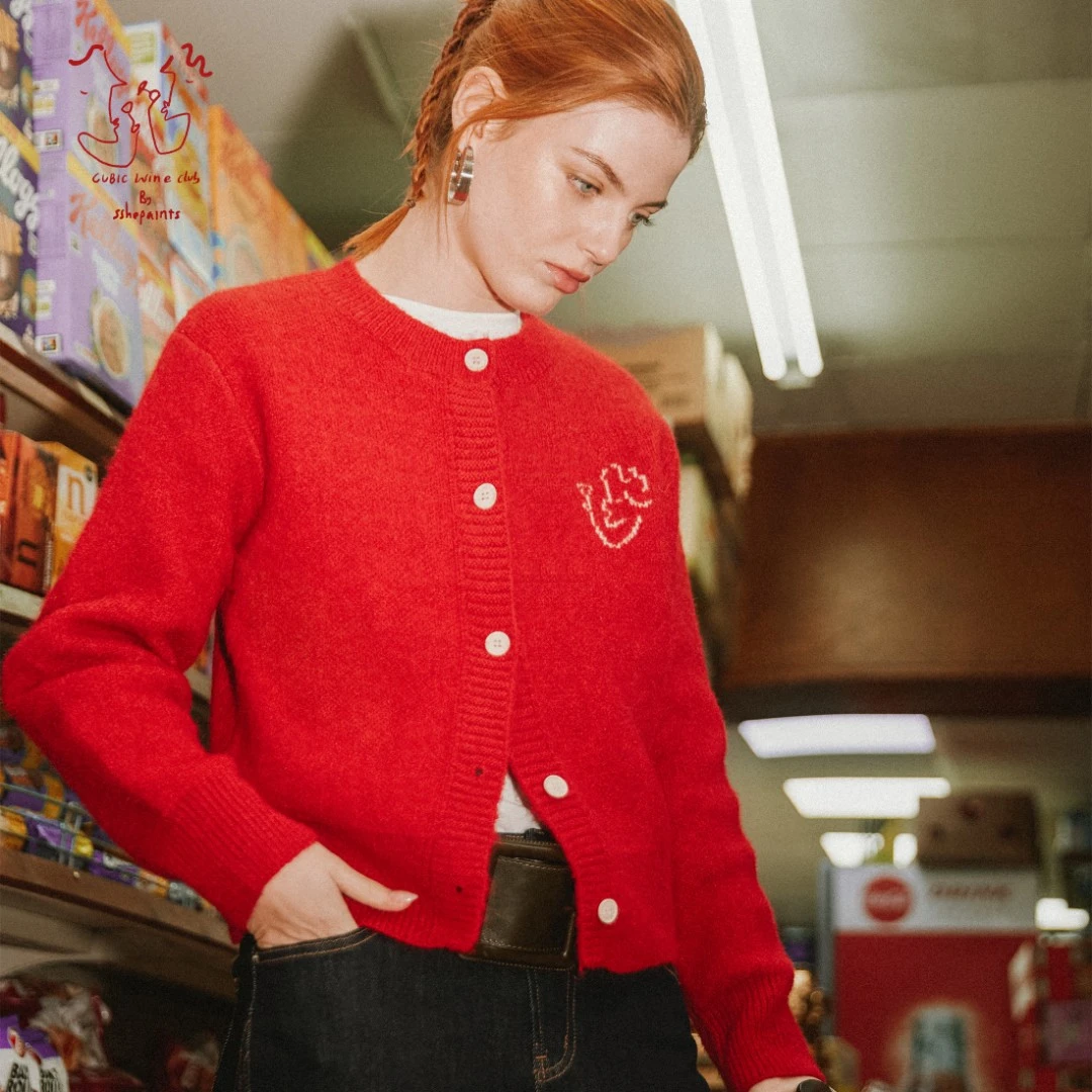 CUBIC 【WINE CLUB】柔软弹力亲肤针织提花短款宽松圆领针织开衫