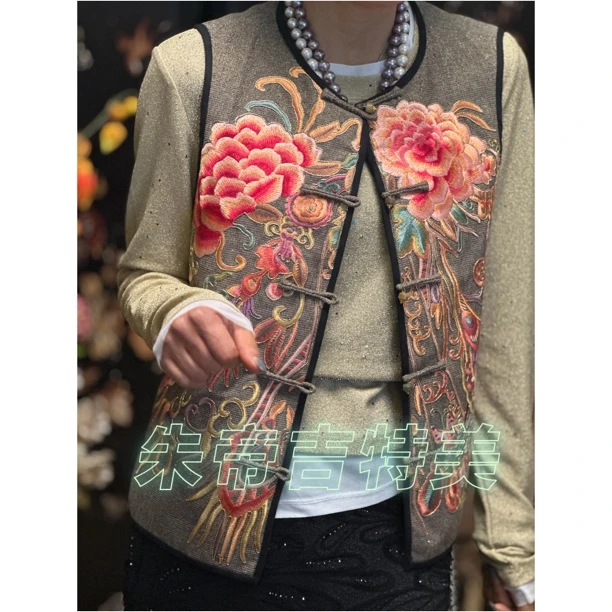 【朱帝高订】2025新款金丝麻线刺绣富贵牡丹系列重工马甲