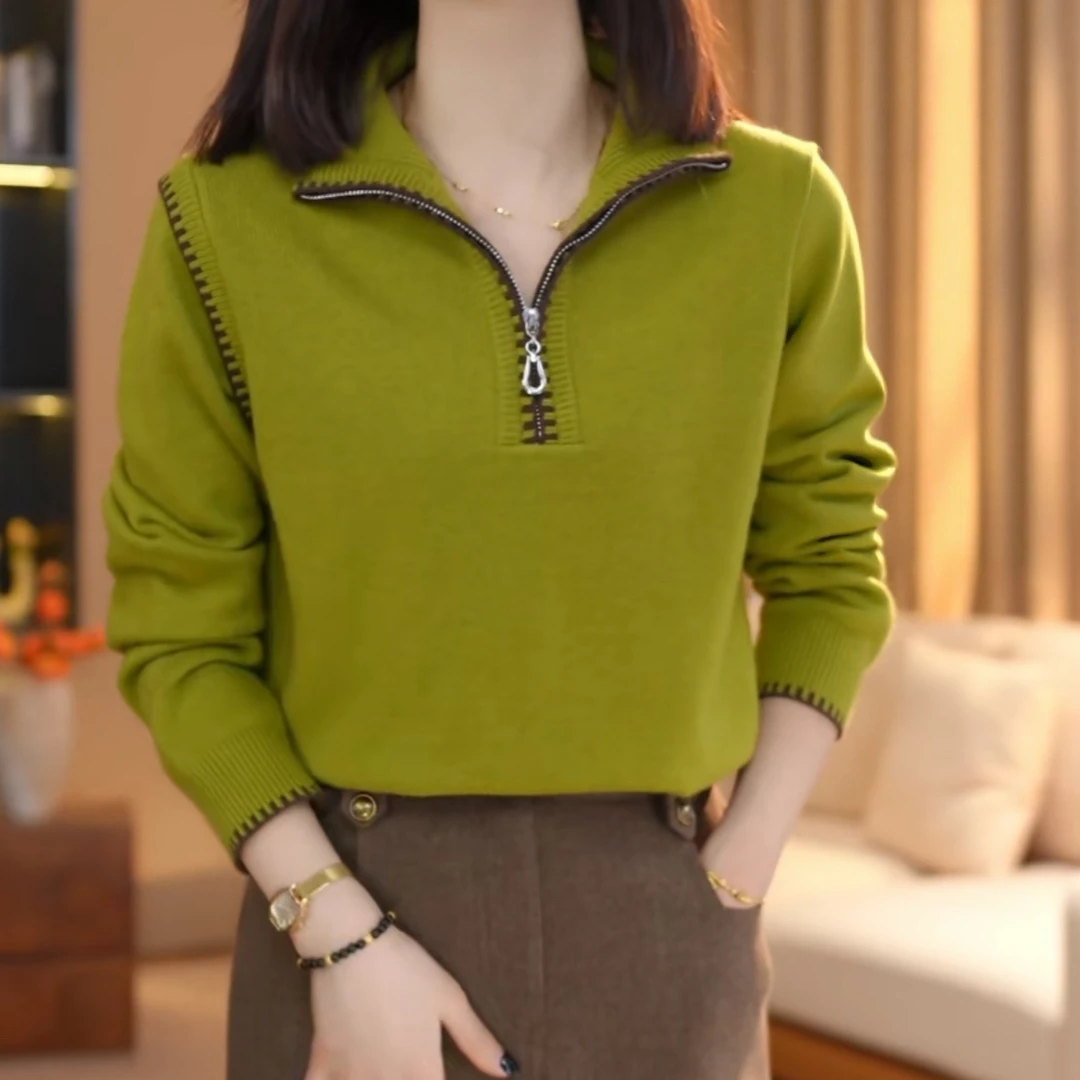 时尚休闲百搭氛围保暖撞色拉链针织衫女秋冬新款宽松慵懒套头毛衣