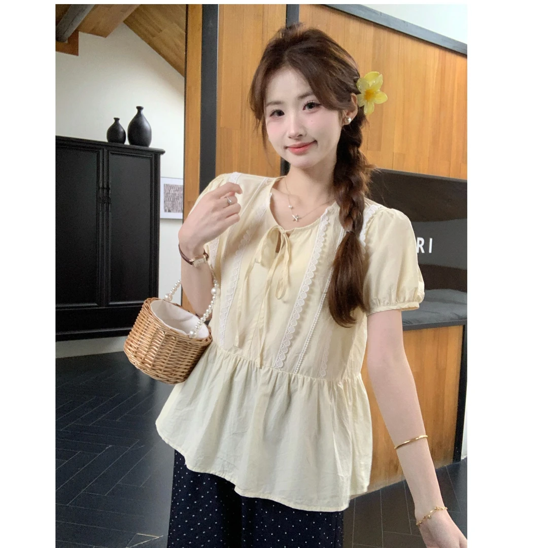 夏季大码法式蕾丝刺绣泡泡袖衬衫学院风甜美休闲韩版衬衣上衣3024