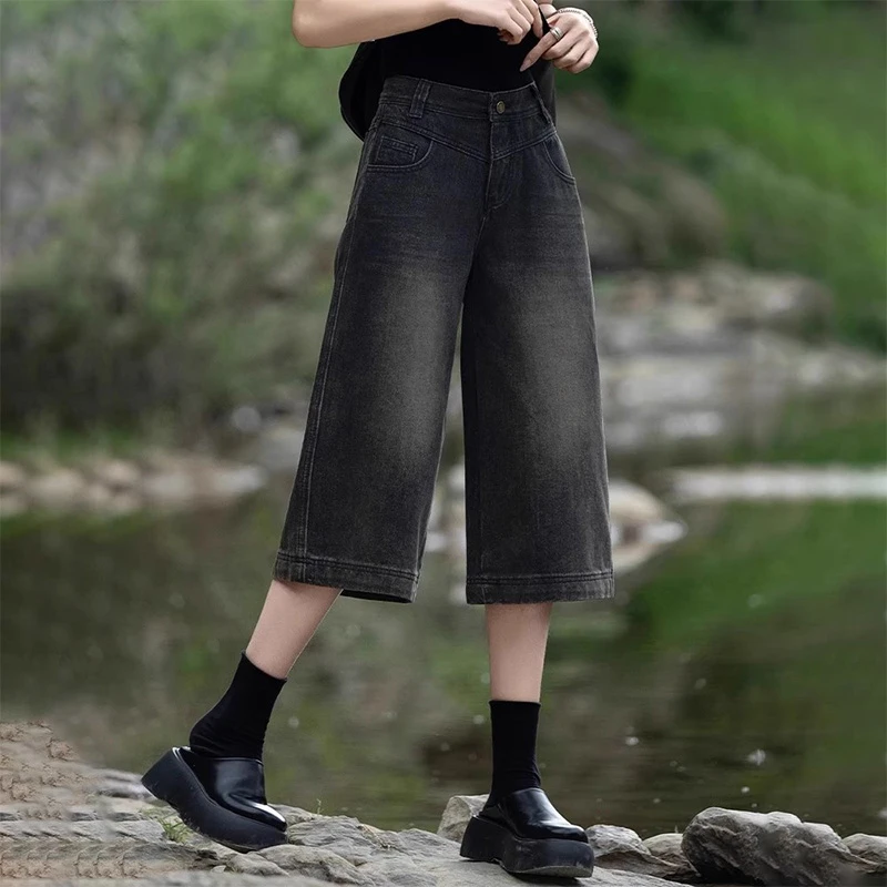 高腰宽松休闲显瘦牛仔裤夏季新款美式复古时尚简约过膝七分阔腿裤