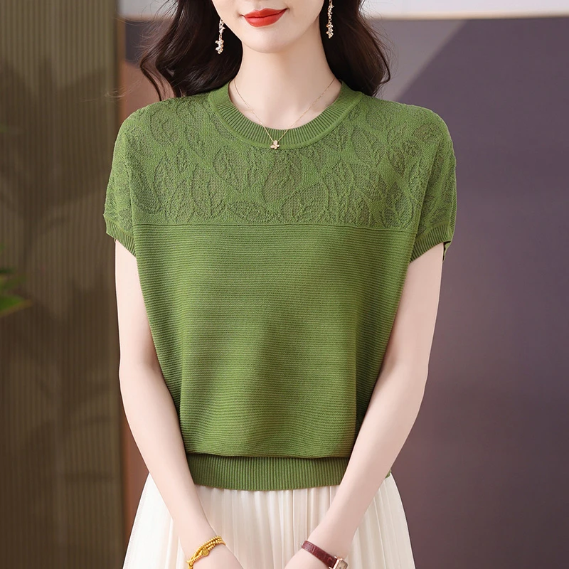 中年妈妈夏装冰丝短袖t恤女2025新款时尚洋气薄款针织衫蕾丝上衣
