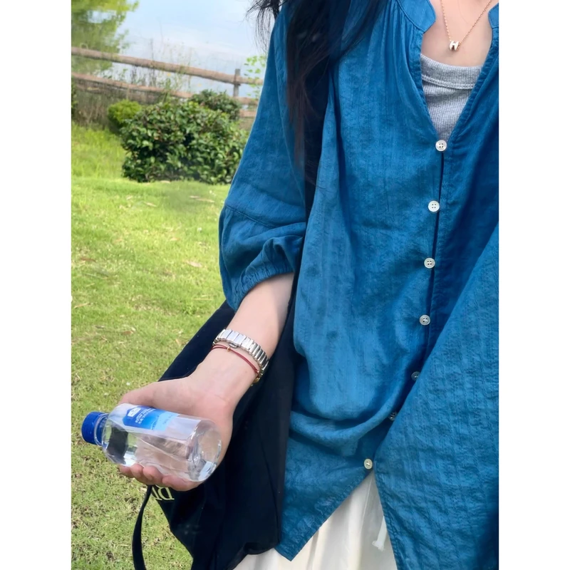 显白克莱因蓝～慵懒风蓝色亚麻衬衫女宽松防晒衬衣7分袖遮肉显瘦