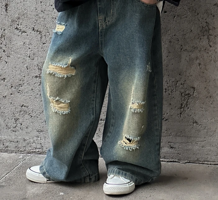 男童裤子儿童牛仔裤夏装2025新款韩系帅气破洞大童休闲阔腿裤薄款