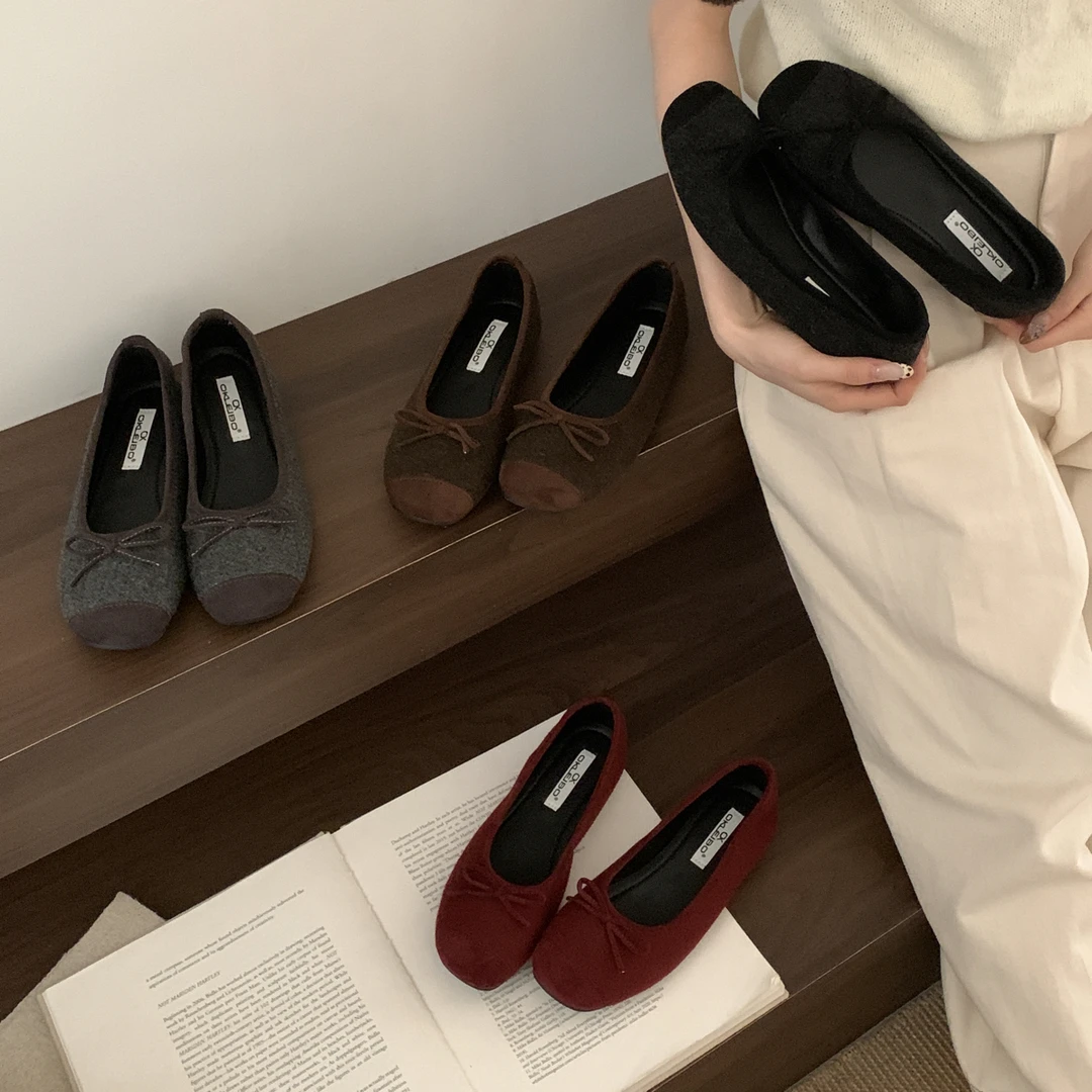 圆圆家 B953 一脚蹬秋季蝴蝶结防滑方头浅口平底鞋豆豆鞋瓢鞋单鞋