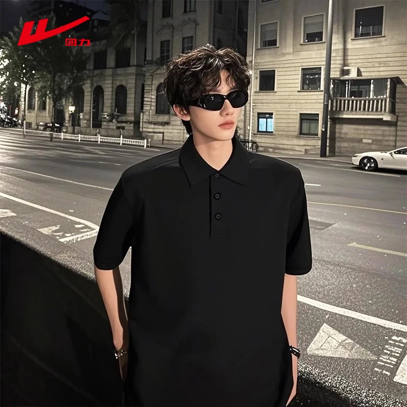 回力黑色短袖男款polo衫痞帅高级感夏季正肩t恤美式高街半截袖