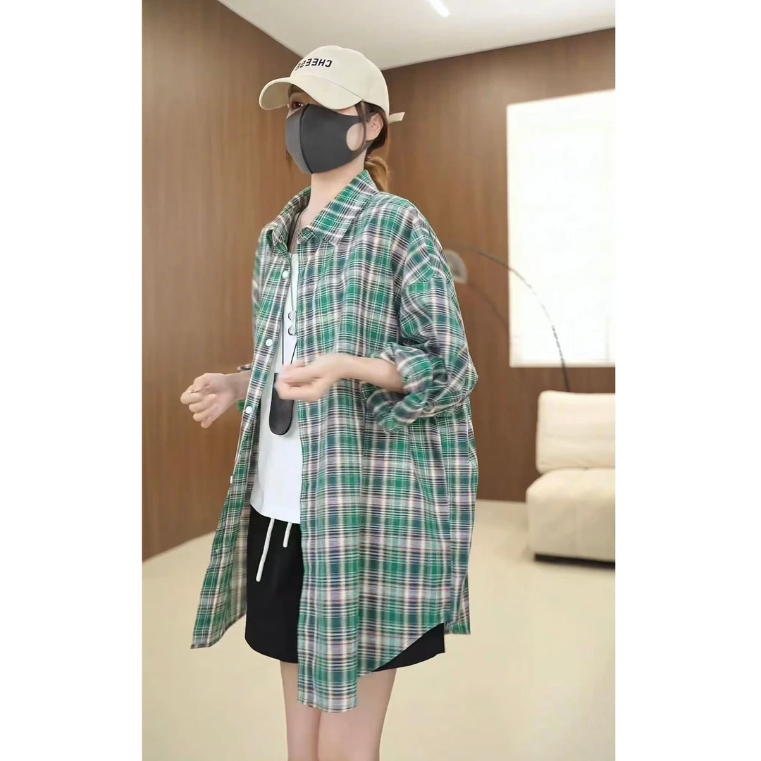 硕哥夏季港风格子防晒衬衫女春夏休闲宽松百搭长袖衬衣外套 25530