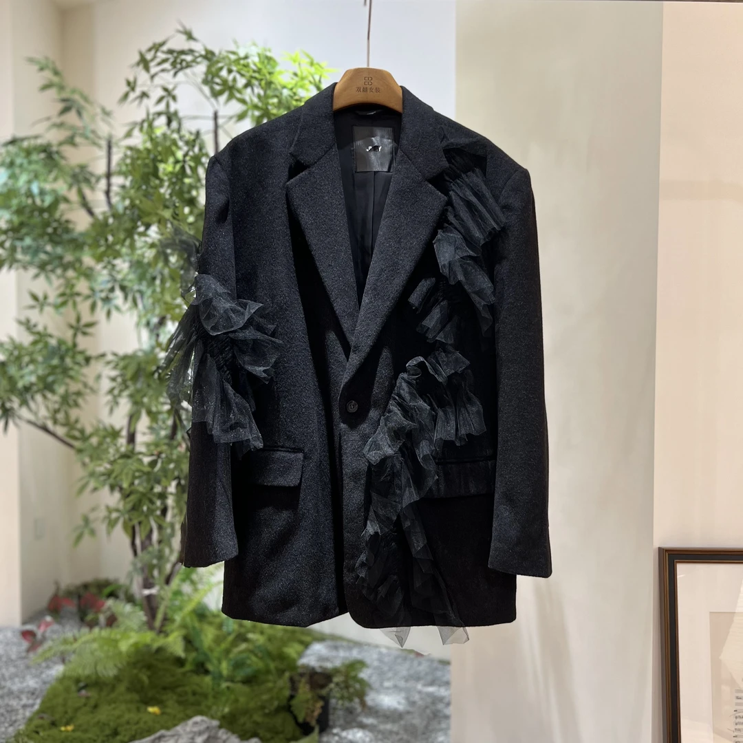 【囍】秋冬款 含山羊绒毛呢网纱捏褶西装外套