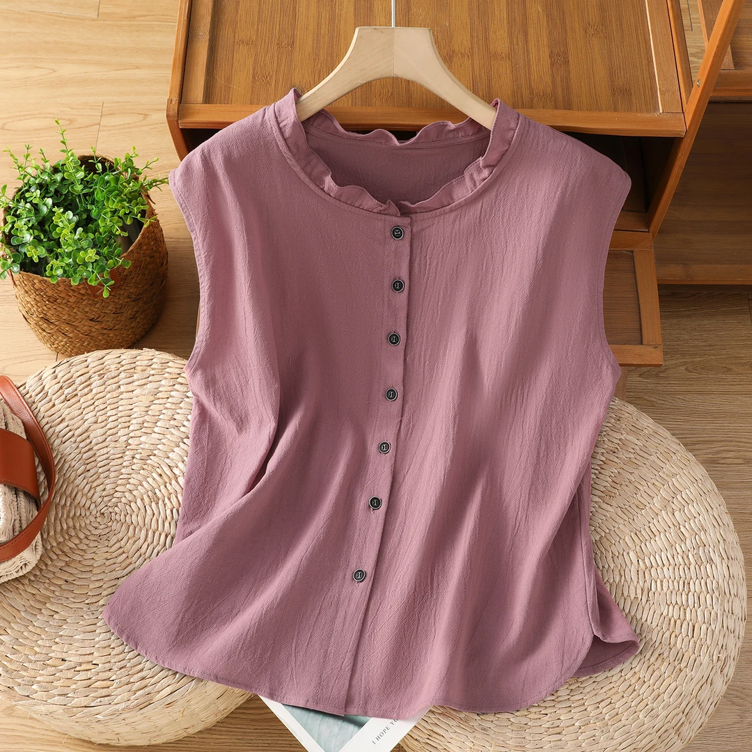 2025新款夏季复古亚麻休闲衬衫女气质木耳圆领单排扣衬衣无袖上衣