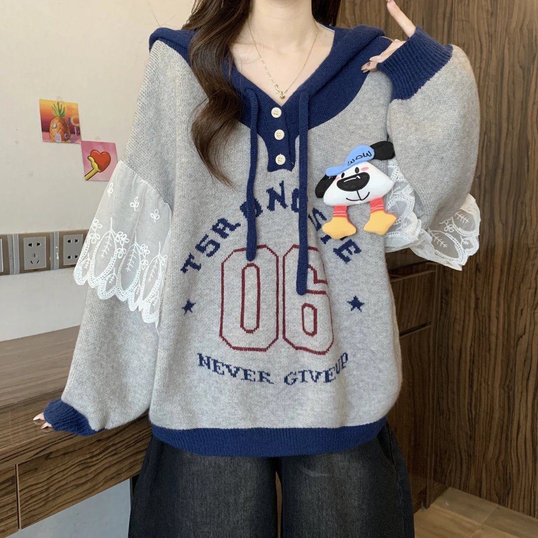 美拉德复古字母撞色蕾丝拼接连帽针织毛衣女冬胖mm慵懒风显瘦上衣