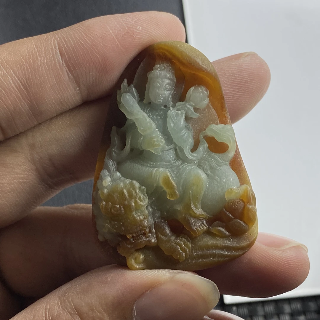 天然翡翠毛货大马坎巧雕特色红黄底色三彩文殊菩萨