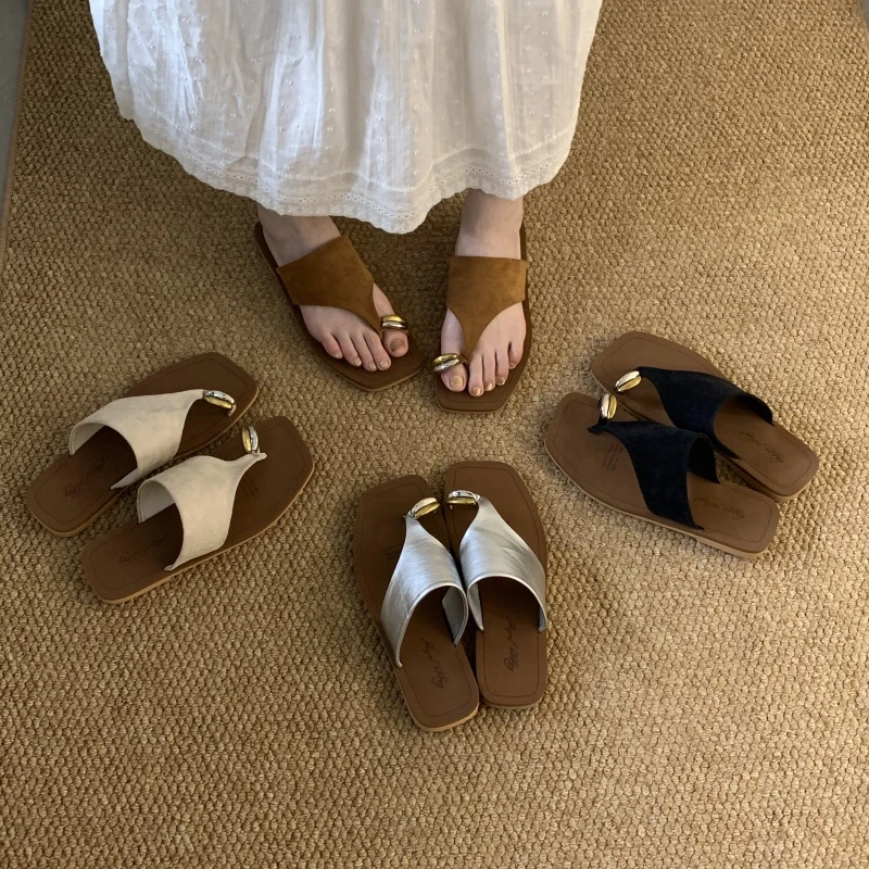 H 495-1 凉拖鞋绒面金属人字拖纯色极简风气质网红软底夏季新款