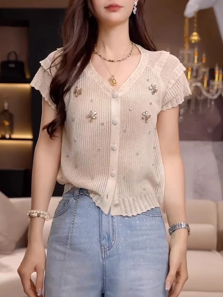重工镶钻v领镂空针织衫女夏季小香风开衫2025新款法式高级感上衣