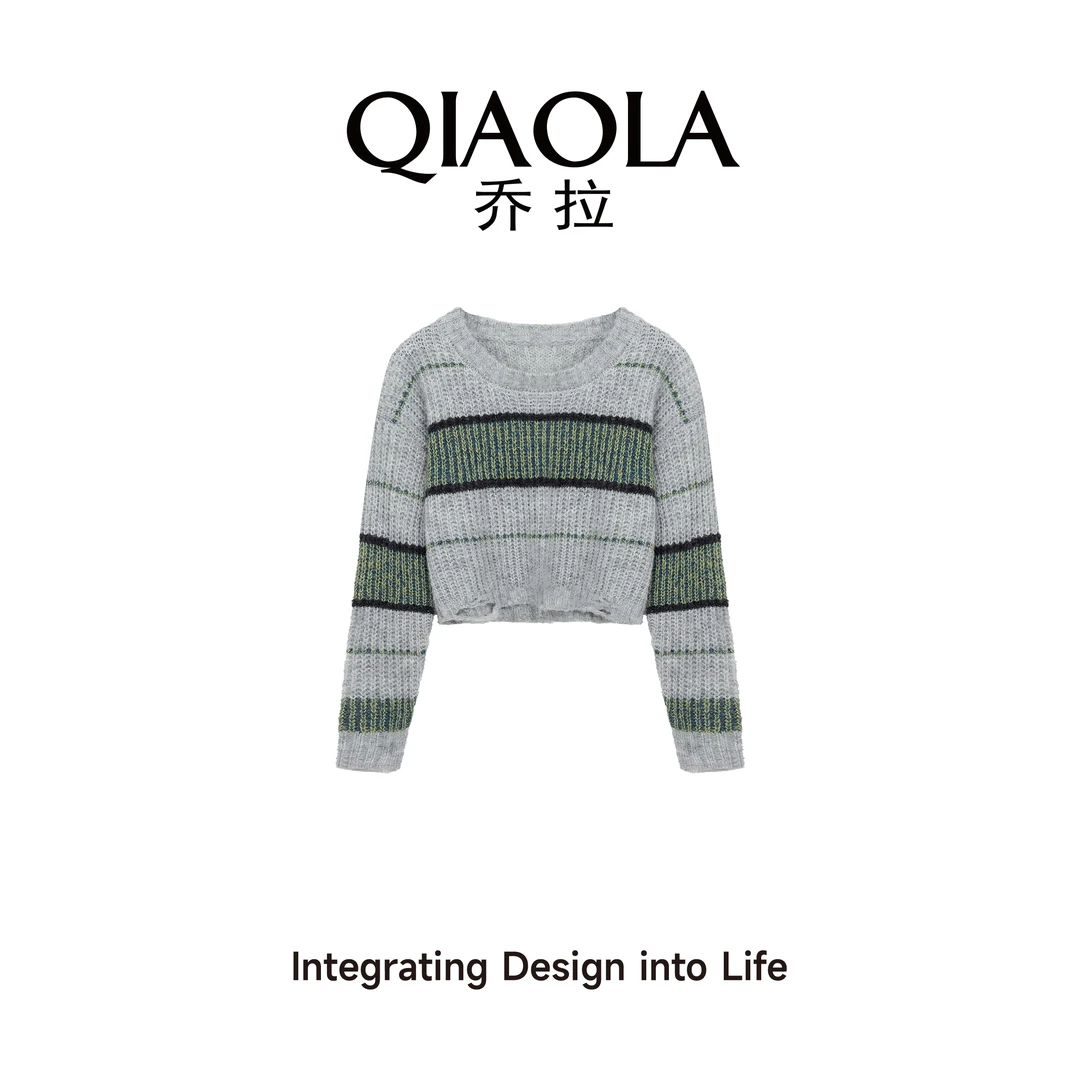 QIAOLA/乔拉【小镇书阁】秋季仿马海毛条纹圆领百褶慵懒A版上衣