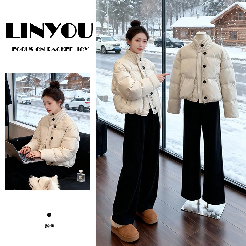 霖优【暖米序曲】设计感别致针织拼接立领棉服外套女冬季保暖加厚款