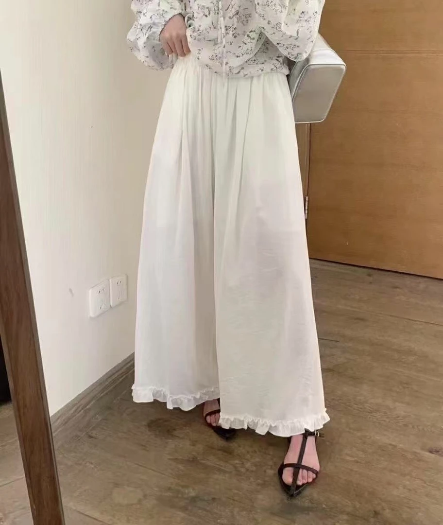 木耳花边阔腿休闲裤女夏季新款高腰显瘦垂感宽松长裤