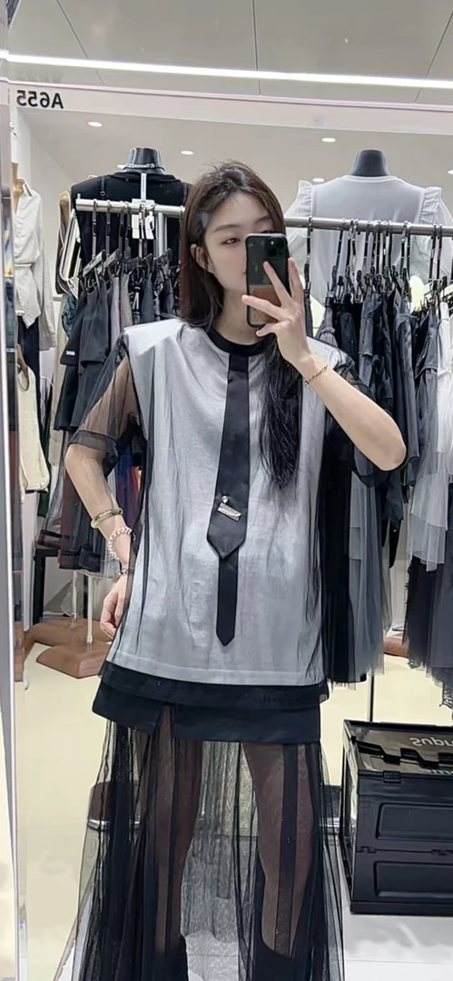 ASAY#3408夏季福利垫肩重工拼接网纱短袖上衣，衣长：70cm