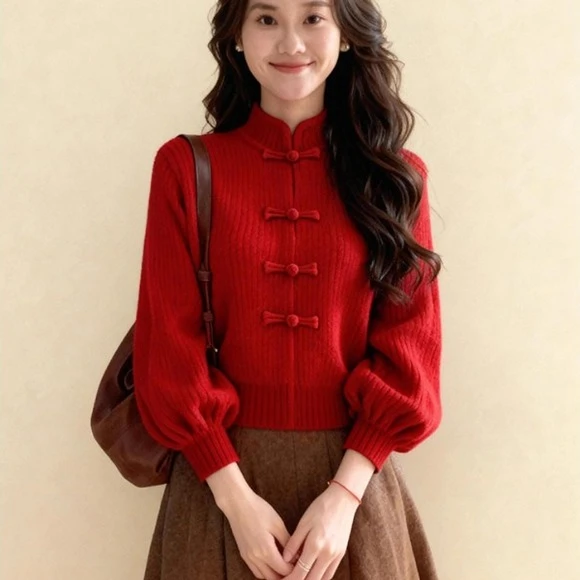 新中式红色立领盘扣粗线毛衣2025秋季独特超好看短款灯笼袖针织衫