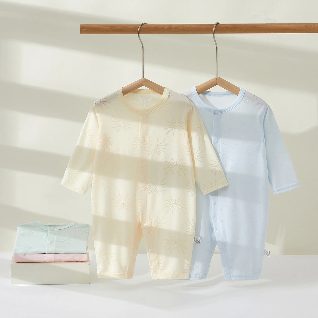 婴儿衣服莫代尔薄款夏款镂空a类新生儿无骨长袖哈衣空调服宝宝