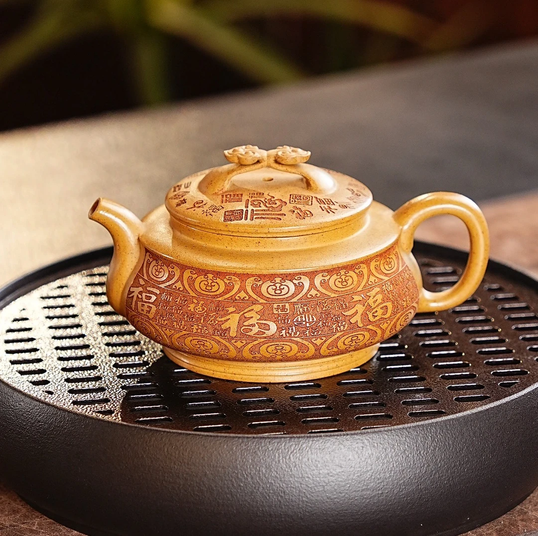 909 宜兴紫砂段泥柴烧刻绘百福图紫砂壶复古高档泡茶茶具