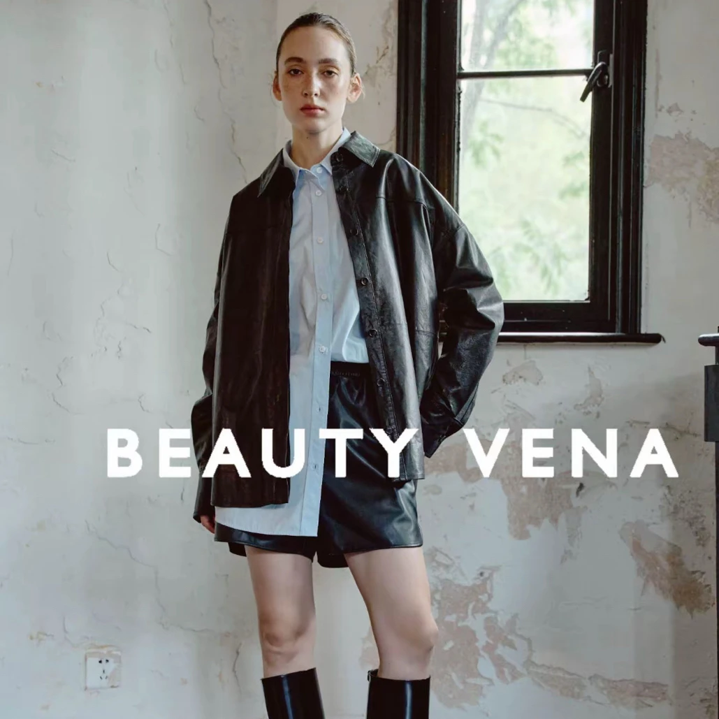 BEAUTY VENA黑色羊皮革小翻领衬衫4WCYS009