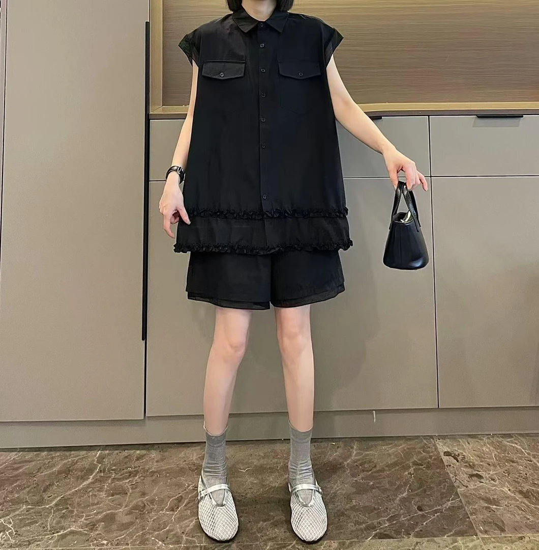 米可/MK-2301CC【网纱木耳边拼接衬衫短裤套装】时尚夏季新款套装
