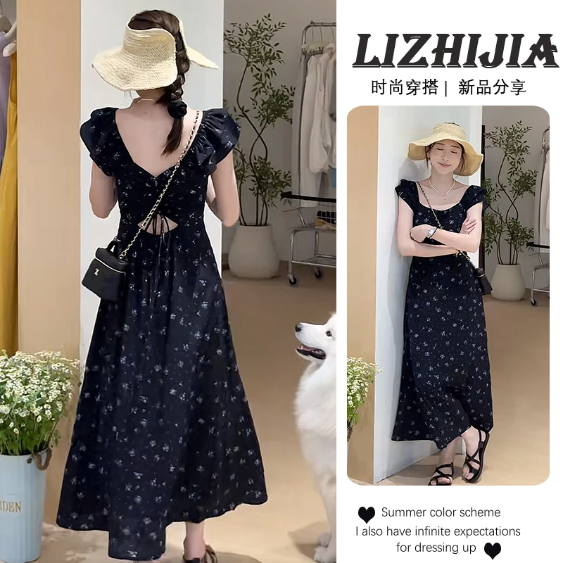 2025年新款夏季绝美小裙子温柔风中长款镂空绑带飞飞袖碎花连衣裙