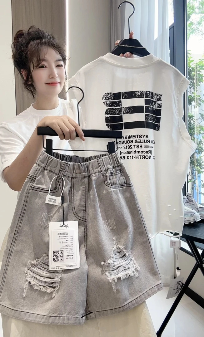 儿童2025新款中大童套装夏季牛仔破洞短裤针织背心时尚休闲百搭