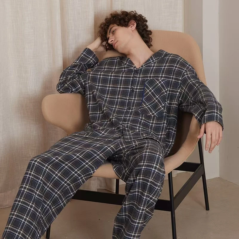设计师款纯棉磨毛翻领长袖长裤家居服格子睡衣男款爆款2025新款