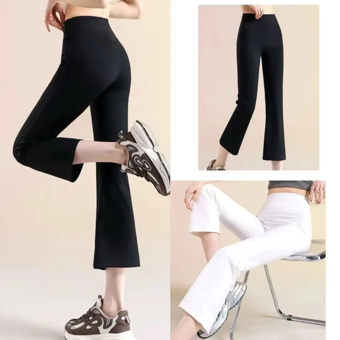 夏季新款纯色显瘦收腹瑜伽八分烟管裤微喇裤休闲高腰薄款