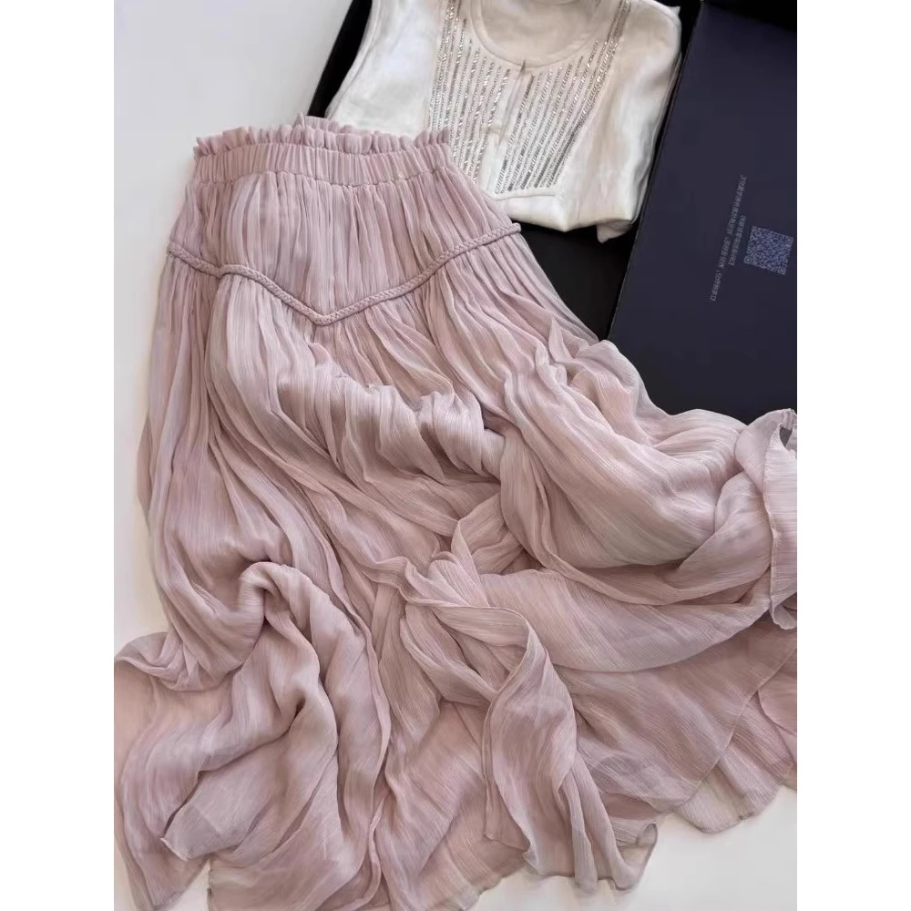 端庄优雅大气！粉色麻花拼接半身裙2025夏季松紧高腰垂感a字中长裙