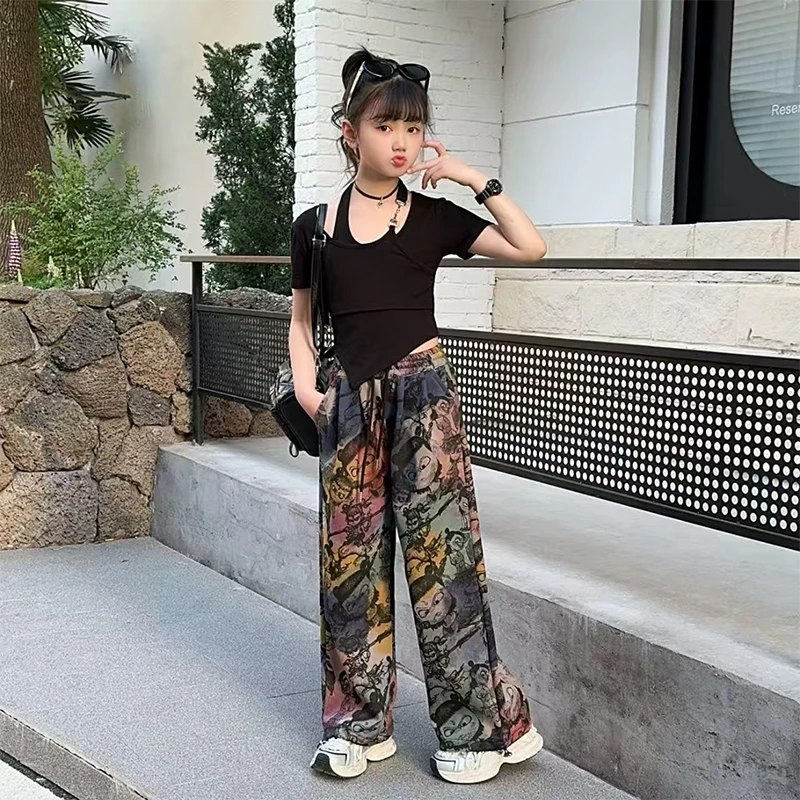 女童夏装挂脖T加哪吒裤套装2025新款爆款6-12岁15岁中大童两件套