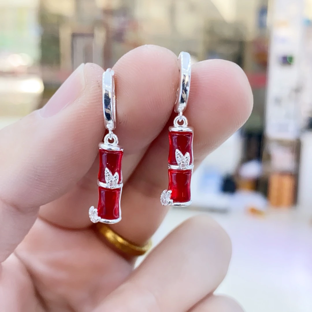 足银玻璃耳饰 足银节节高升红色竹节耳扣