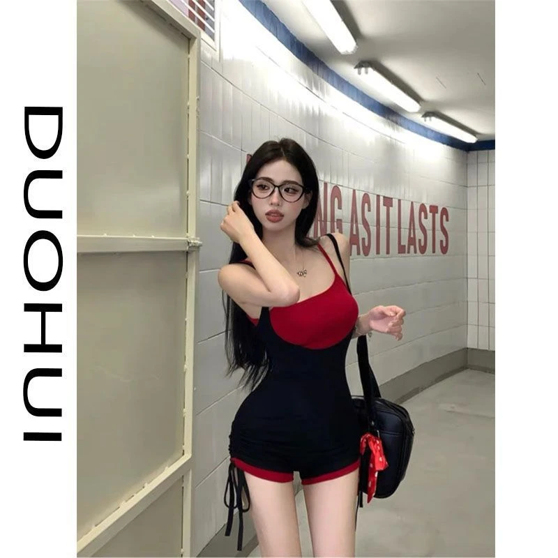 纯欲风辣妹撞色假两件吊带连衣夏季绑带修身连短裤女休闲裤子性感
