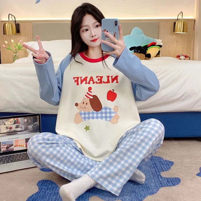 春秋新款仿棉睡衣女圆领长袖长裤学生甜美卡通可爱家居服两件套装